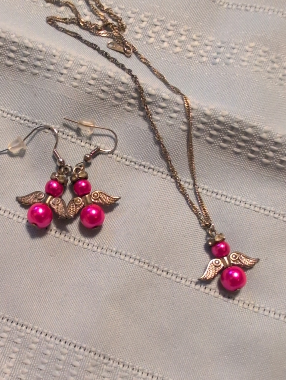 Pink Pearl Angel Wing Necklace and Earrings Set